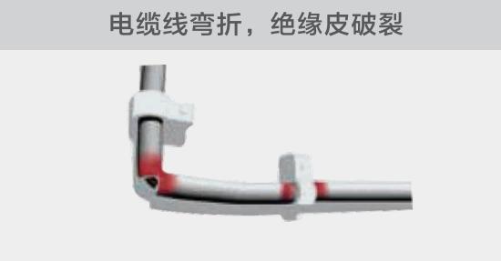在安裝過程中，由于電線的彎曲半徑過小，或是線夾過緊，導致線纜絕緣皮破裂，產生電弧隱患